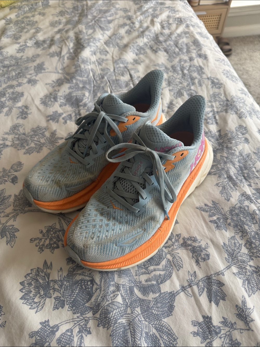 Hoka Clifton 9 Light Blue and Orange Insole Running Shoe